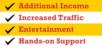 Retailer Benefits - mobile friendly list: Additional Income, Increased Traffic, Entertainment, hands on support