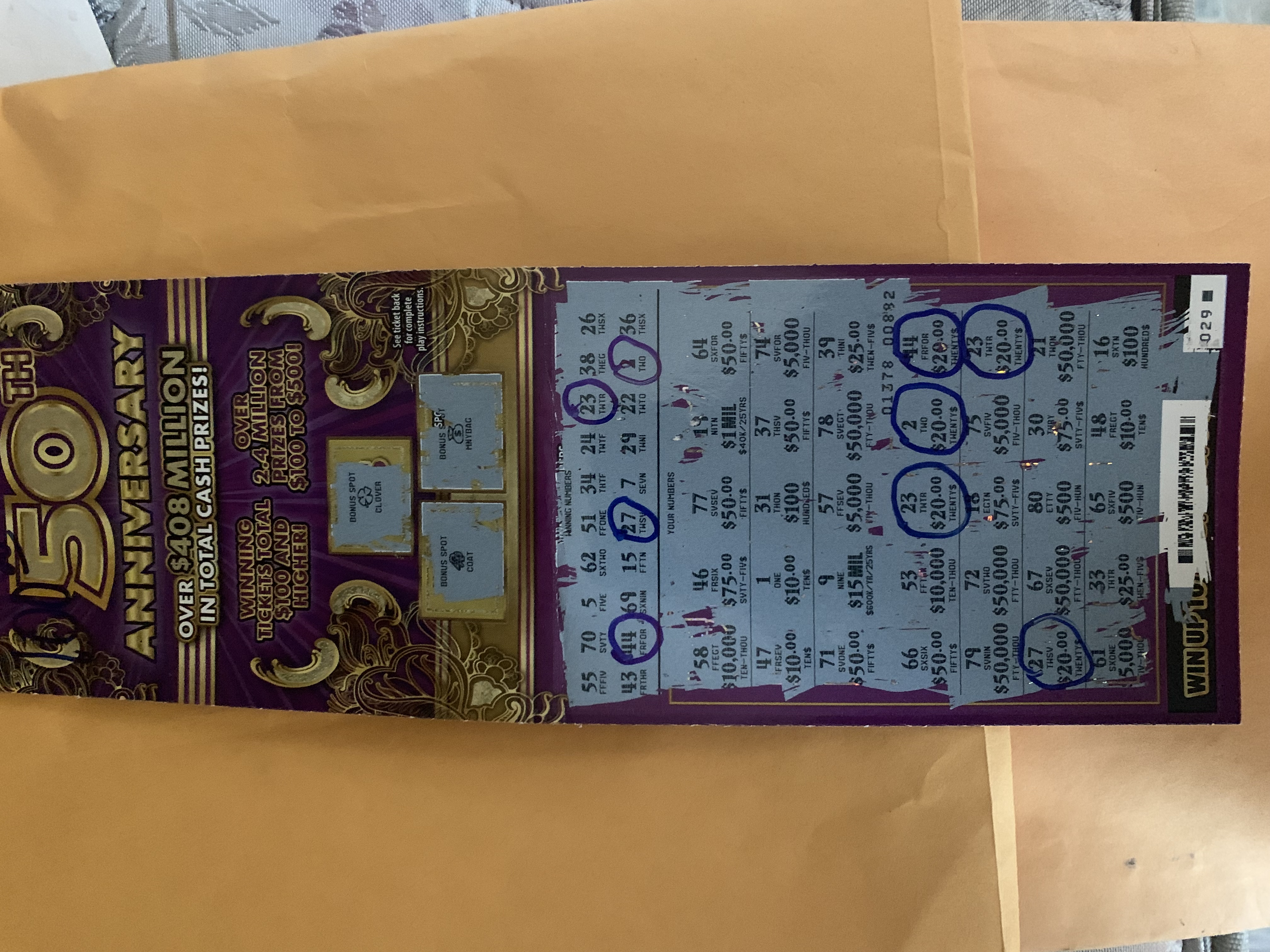 Scratch off second letter of the last from the last end of 10 $50 tickets